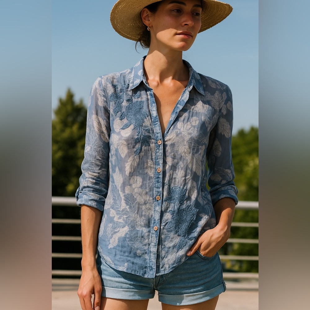 Johnny Was || Semi-Sheer Buttondown Embroidered Blouse
